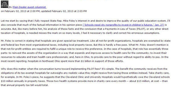 Bill Ryan Authors Plain Dealer Guest Column on PILOT Fees