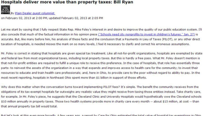 Bill Ryan Authors Plain Dealer Guest Column on PILOT Fees
