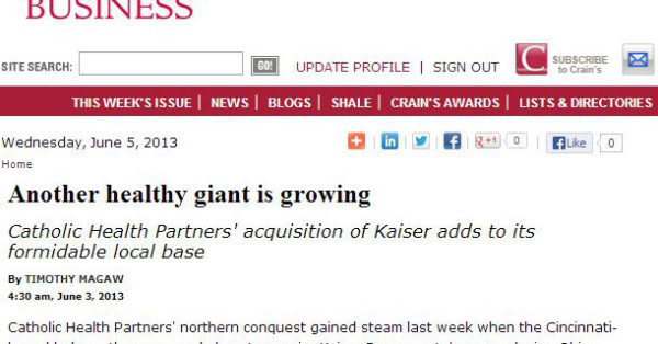 Bill Ryan Quoted in Crain's Piece on Catholic Health Partners' Acquisition