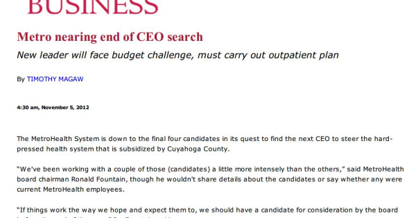 Bill Ryan Quoted in Crain's Story on Metro CEO Search