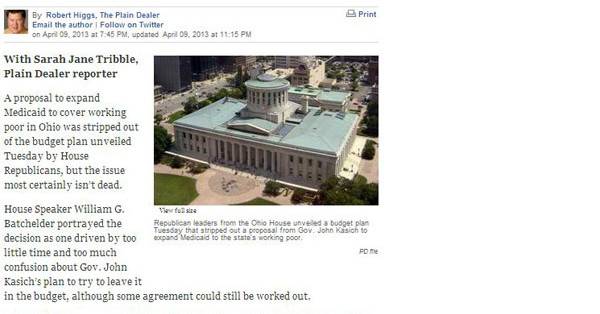 Bill Ryan Quoted in Plain Dealer Piece on Medicaid Expansion and the State Budget