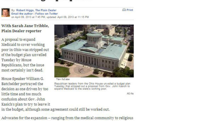 Bill Ryan Quoted in Plain Dealer Piece on Medicaid Expansion and the State Budget