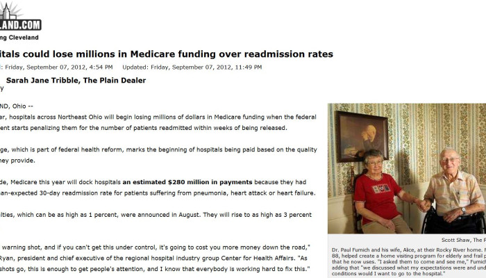 Bill Ryan Quoted in Plain Dealer Story on Readmission Penalties for Cleveland Hospitals