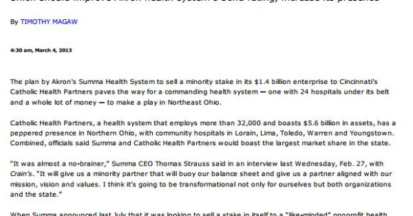 Bill Ryan Weighs in on Summa Partnership with Catholic Health Partners