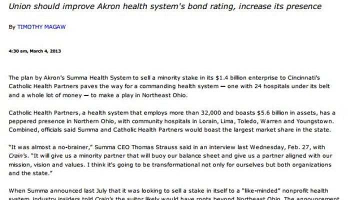 Bill Ryan Weighs in on Summa Partnership with Catholic Health Partners