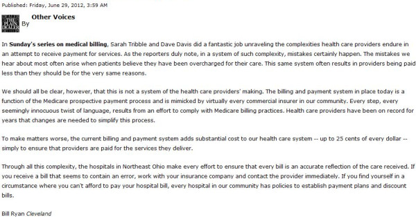 Bill Ryan's Letter to the Editor, Medicare is Basis for Medical Billing Errors, Published by The Plain Dealer