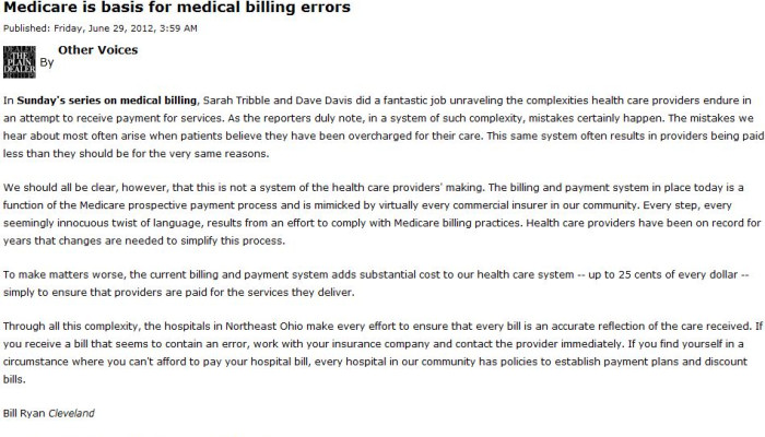Bill Ryan's Letter to the Editor, Medicare is Basis for Medical Billing Errors, Published by The Plain Dealer